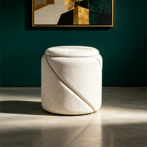 Best Little Round Ottoman with Storage - Premium White Coffee Table Detail White round textured fabric storage ottoman set in modern living room