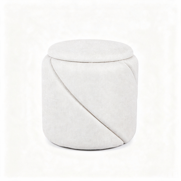 Top view close-up of soft padded seat cushion on small round white ottoman