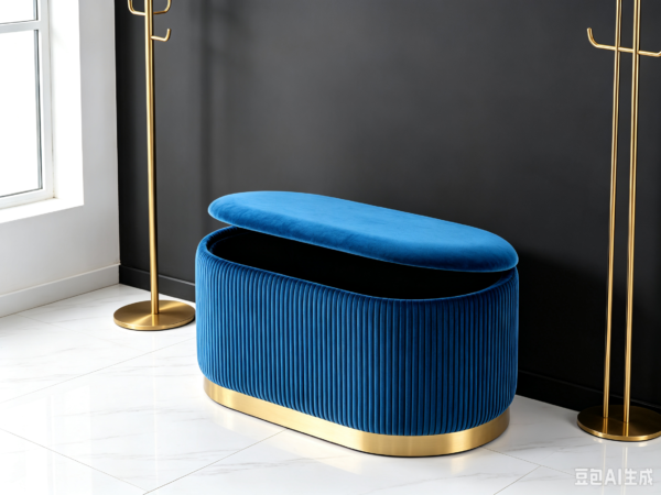 Navy blue velvet storage ottoman set with lids removed showing internal storage capacity