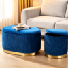 Top view of navy blue velvet storage ottoman set arranged as a coffee table