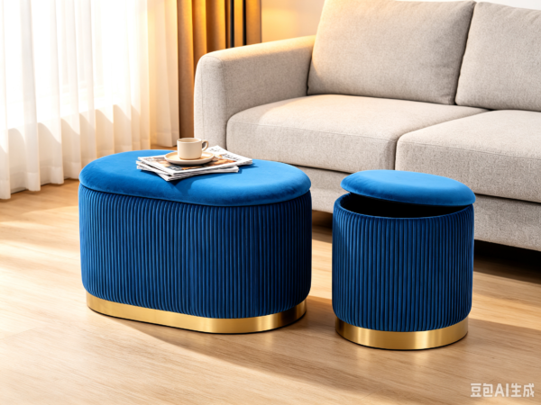 Top view of navy blue velvet storage ottoman set arranged as a coffee table