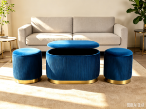 Navy Blue Velvet Storage Ottoman Set Close-up of pleated detail on navy blue velvet storage ottoman set