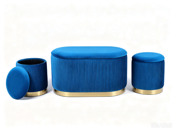 Navy blue velvet storage ottoman set with gold metal base for living room
