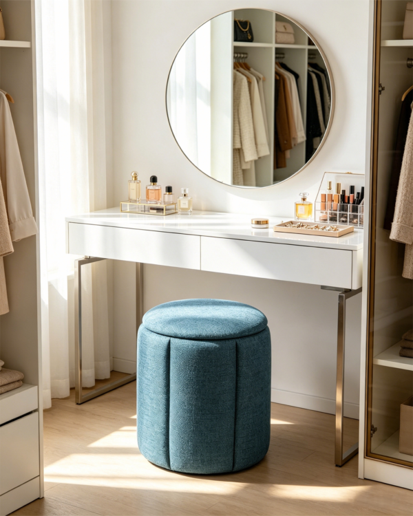 Blue Pleated Linen Ottoman Footstool in Modern Living Room 蓝色褶皱亚麻储物凳产品图拍摄方案 (8)