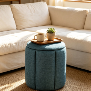 Comfortable blue pleated linen footstool providing stylish seating and footrest support in the living room.