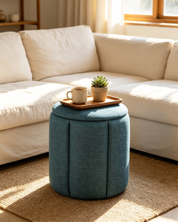 Blue Pleated Linen Ottoman Footstool in Modern Living Room Close-up of blue pleated linen fabric texture on round storage ottoman