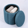 Blue Pleated Linen Ottoman Footstool in Modern Living Room Open blue pleated linen storage ottoman showing inside storage space