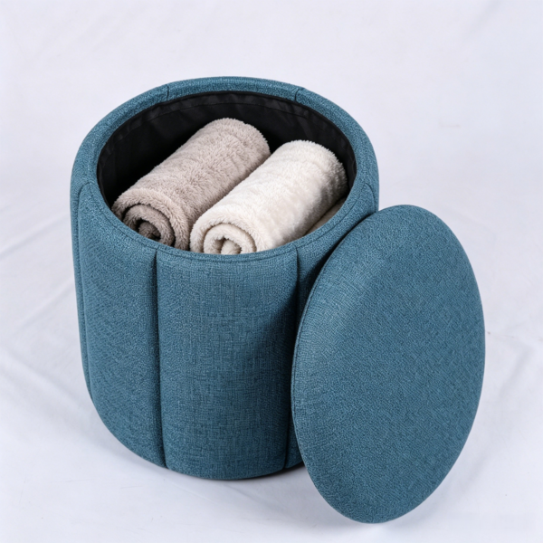 Blue Pleated Linen Ottoman Footstool in Modern Living Room Open blue pleated linen storage ottoman showing inside storage space