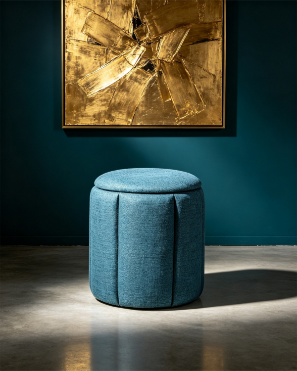 Blue Pleated Linen Ottoman Footstool in Modern Living Room Blue pleated linen ottoman used as a vanity stool in a cozy bedroom setting