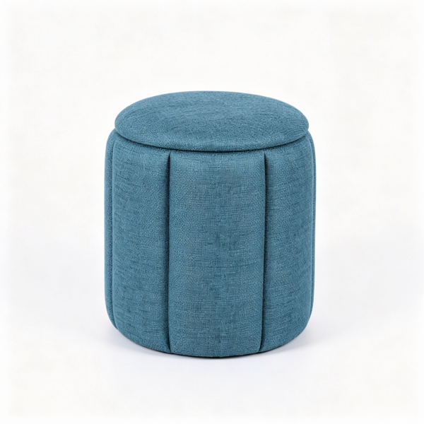 Blue Pleated Linen Ottoman Footstool in Modern Living Room Set of round blue pleated linen ottomans in different sizes for living room