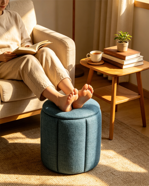 Blue Pleated Linen Ottoman Footstool in Modern Living Room Blue pleated linen storage ottoman used as a footstool in a cozy modern living room setting