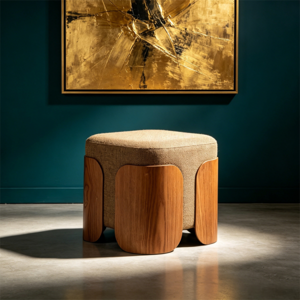 Close-up view of textured beige fabric and curved wooden leg accents on square ottoman