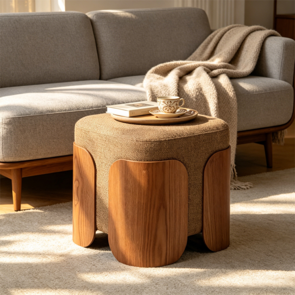 Square fabric upholstered ottoman used as a coffee table with tray and decor