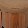 Top angle view of modern beige upholstered square ottoman stool with wooden legs