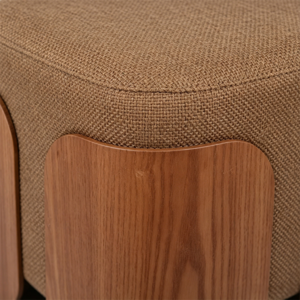 Top angle view of modern beige upholstered square ottoman stool with wooden legs