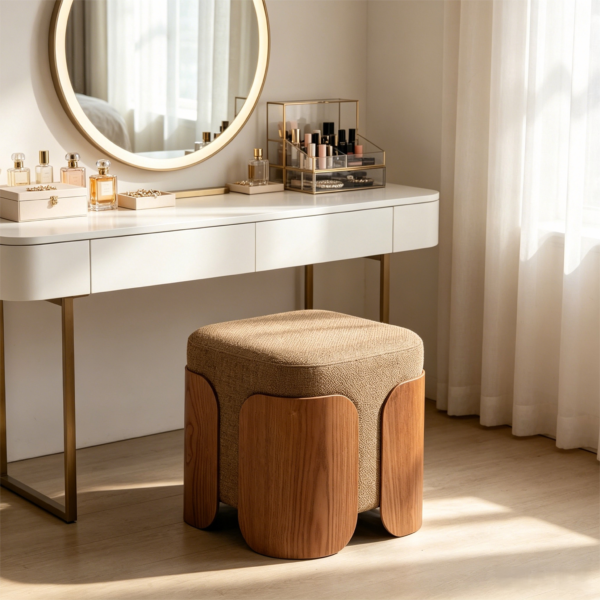 Set of square upholstered ottomans with curved wooden corner legs for home decor