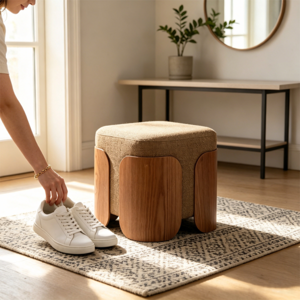 Beige fabric square ottoman stool used as a footrest and seating in a bedroom