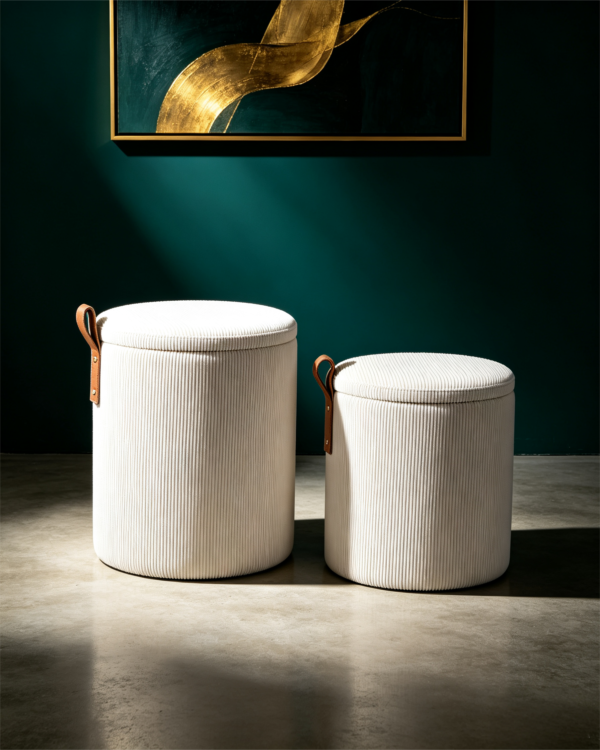 Nested round ottoman and coffee table set with brown leather handle detail