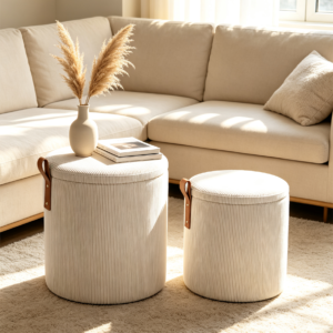 Detail shot of a round ottoman set with a durable leather handle for easy moving.