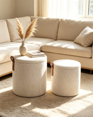 Wholesale Round Ottoman with Leather Handle Detail Close-up view of fabric texture and brown leather handle on a round ottoman