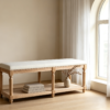 Modern beige fabric ottoman coffee table with storage shelf placed in contemporary living room