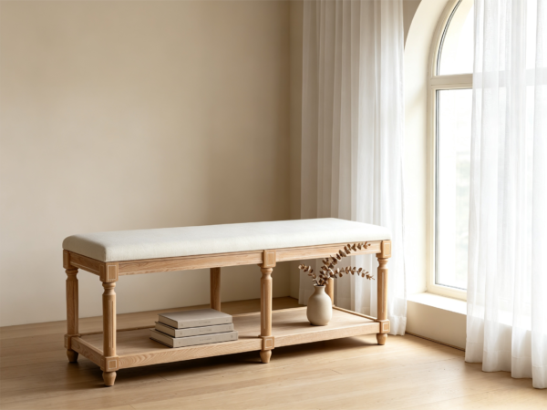 Modern beige fabric ottoman coffee table with storage shelf placed in contemporary living room