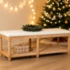 Close-up of soft cream cushioned top on a wooden rectangular ottoman bench