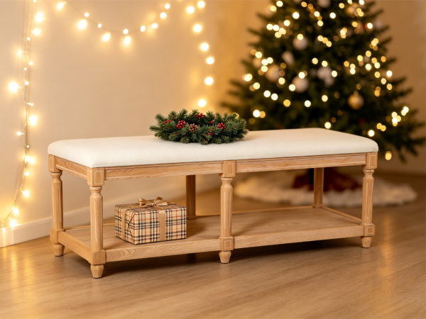 Close-up of soft cream cushioned top on a wooden rectangular ottoman bench