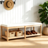 Large beige upholstered bench footrest with wood storage shelf for bedroom footboard or entryway