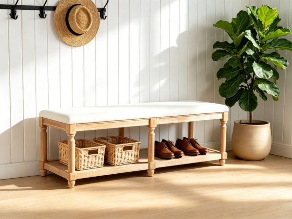Large beige upholstered bench footrest with wood storage shelf for bedroom footboard or entryway