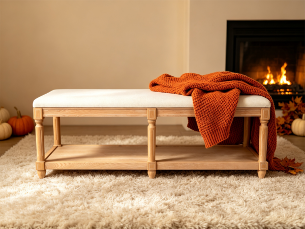 Wholesale rectangular upholstered ottoman coffee table with two-tier wooden storage base