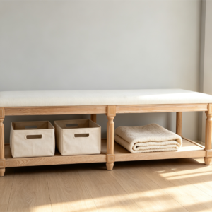 Elegant beige upholstered rectangular ottoman coffee table with carved solid wood legs and lower storage tier.