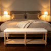 Rectangular upholstered footstool table showing bottom wooden shelf for books and storage baskets