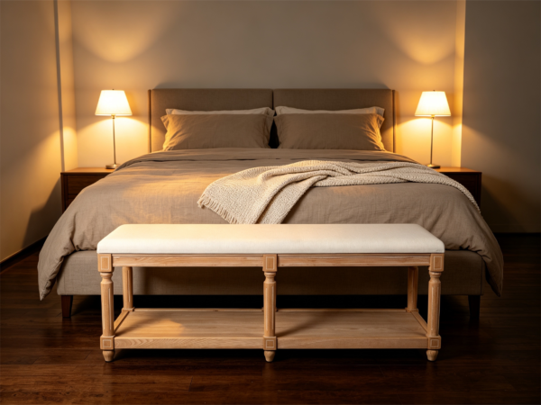 Rectangular upholstered footstool table showing bottom wooden shelf for books and storage baskets