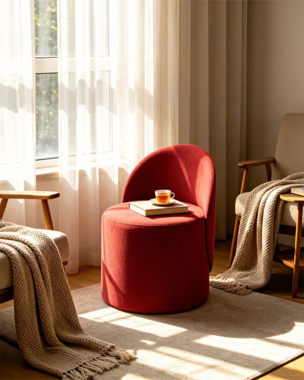 Modern square fabric upholstered ottoman coffee table with curved wooden legs placed in a contemporary living room decor