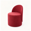 Alternative Text: Close-up view of textured beige fabric and hand-crafted curved wooden leg accents on a square upholstered ottoman