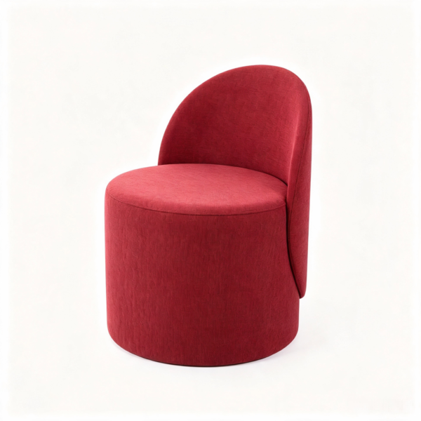 Alternative Text: Close-up view of textured beige fabric and hand-crafted curved wooden leg accents on a square upholstered ottoman