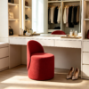 Alternative Text: Top angle view of modern beige upholstered square ottoman footrest with curved wooden corner legs