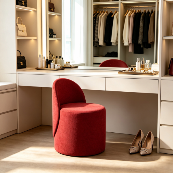 Alternative Text: Top angle view of modern beige upholstered square ottoman footrest with curved wooden corner legs