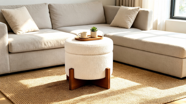 White teddy boucle round storage ottoman styled in a bright modern living room next to a wooden side table