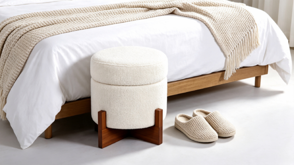 Small white boucle vanity footstool placed at the end of a bed in a cozy contemporary bedroom