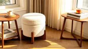 White teddy boucle round storage ottoman footstool with wooden legs in a cozy living room setting