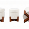 Three view angles of white teddy boucle round storage stool showing top, side, and wooden legs structure