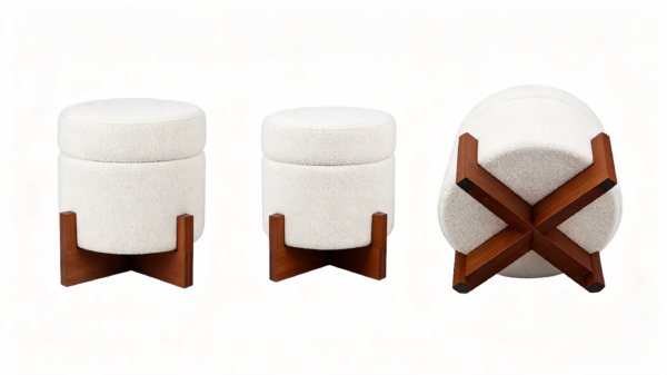 Three view angles of white teddy boucle round storage stool showing top, side, and wooden legs structure
