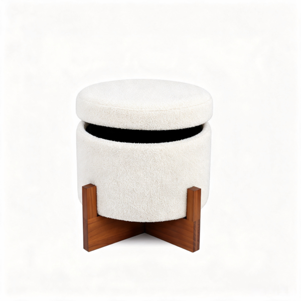 Modern white teddy boucle upholstered round storage ottoman isolated on a clean white background