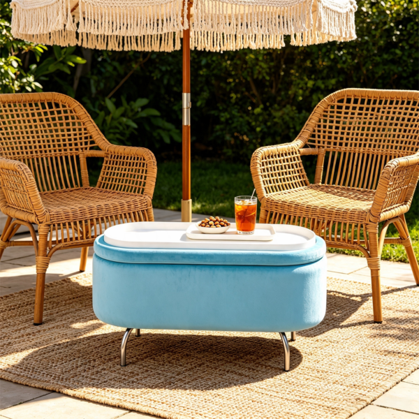 Light blue velvet oval storage ottoman set up on a sunlit patio with wooden outdoor lounge chairs.