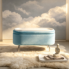 Light blue velvet oval storage footstool presented on a soft cloud-like background for a creative furniture display.