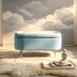 Light blue velvet oval storage footstool presented on a soft cloud-like background for a creative furniture display.