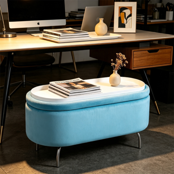 Light blue velvet oval storage ottoman with gold trim set in an elegant room with dark wood furniture and classic decor.