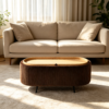 Oval brown upholstered storage ottoman coffee table with a wooden tray top in a modern living room